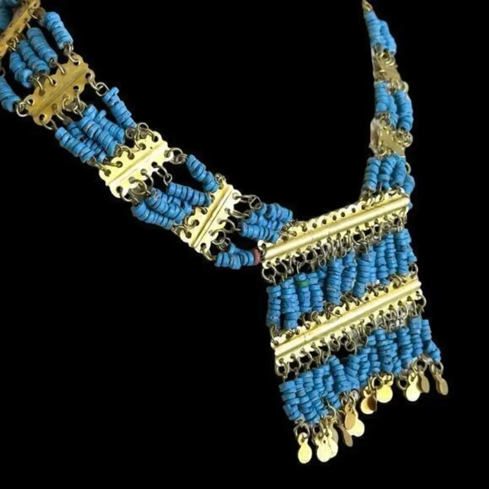 Vintage Egyptian Revival Faience Turquoise Blue Mummy Bead Necklace Brass Coins